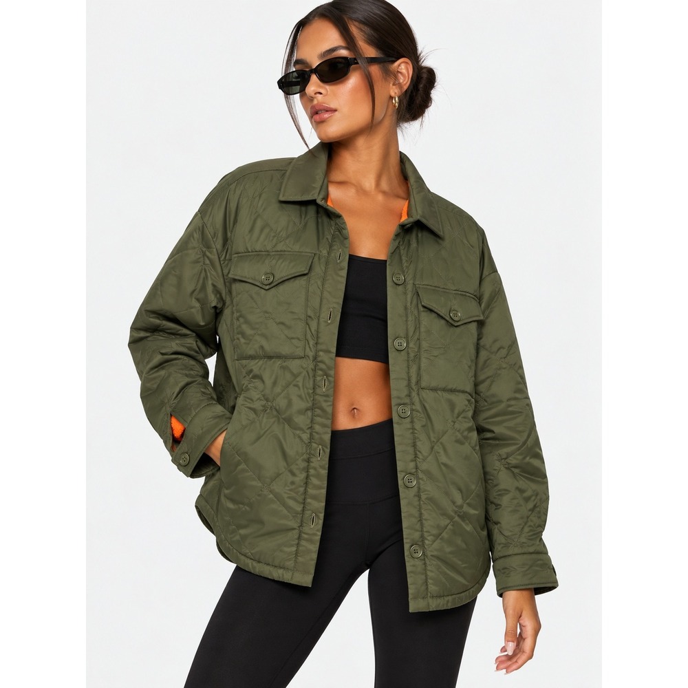 Good American Quilted Shacket Jacket Juniper Green Orange Fur Lining 1 2 S M New